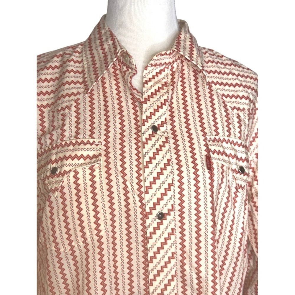 Vintage Levis Mens Western Sawtooth Pearl Snap Shirt‎ Orange Cream Zigzag Large